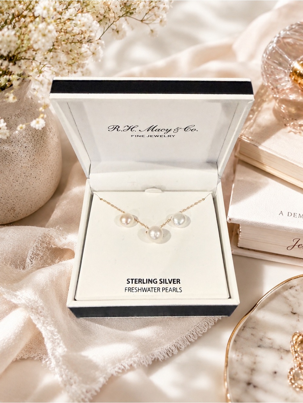 RH Macy Sterling Silver Freshwater Pearl Necklace earring  Dainty Jewelry gift